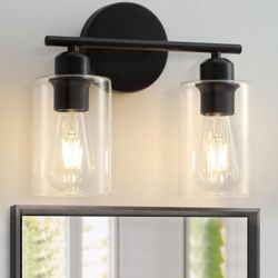 2-Light Bathroom Light Fixtures, Matte Black Bathroom Vanity Lights, Bathroom Lighting Fixtures Over Mirror with Clear Glass Shade, Wall Sconce Light