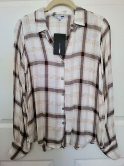 Fashion Nova plaid Button Up Shirt top beige brown NWT