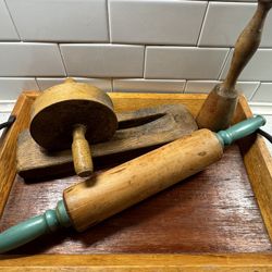 Antique Wooden Food Masher, Rolling Pin And Herb Grinder