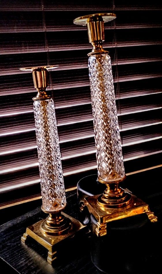 Pair Crystal And Brass Vintage Candle Holders