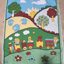 Vintage 1960's-70's Baby Quilt / Blanket Train  44" X 35.5"