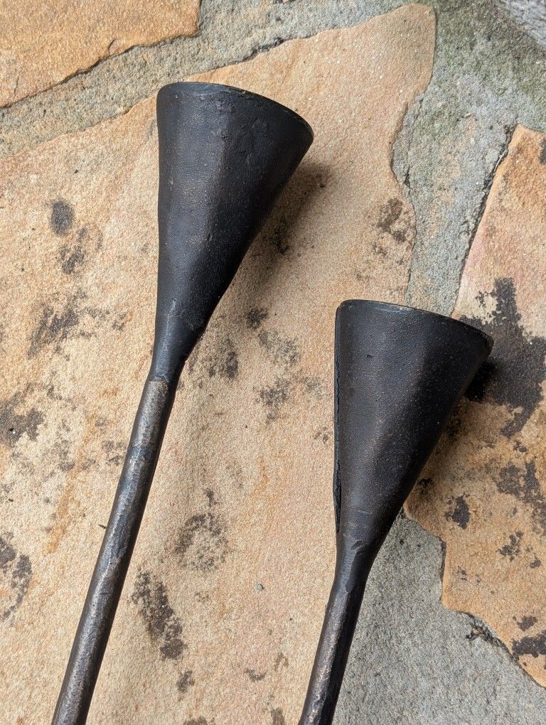 2 Pottery Barn Petaluma Bronze Rustic Candle Sticks Candle Holders 24"/ 18"