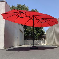 Brand New $130 Large Double Sided Outdoor (15ft Umbrella and 65lbs Plastic Base set) Colors Red/Gray