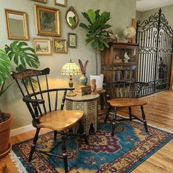 Pair of Vintage Hitchcock Spindle Back "Turtle Back" Harvest Windsor Armchairs Cottage Mid-century Colonial Grand Millennial Eclectic Victorian Regenc