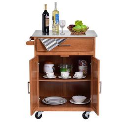 Natural Wood Kitchen Trolley Cart Island Stainless Steel Top Rolling Storage Cabinet