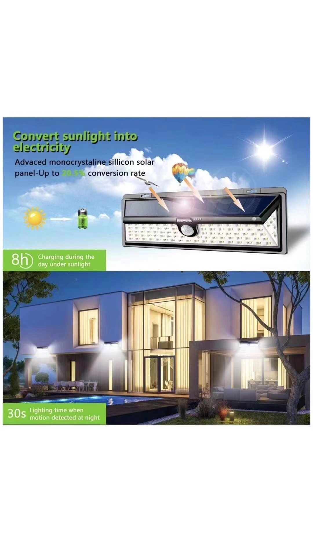 Solar Lights Outdoor, 100 LED Motion Sensor Light with 270° Wide Angle, 3 Optional Modes IP65 Waterproof Solar Security Wall Lights for Garden, Front