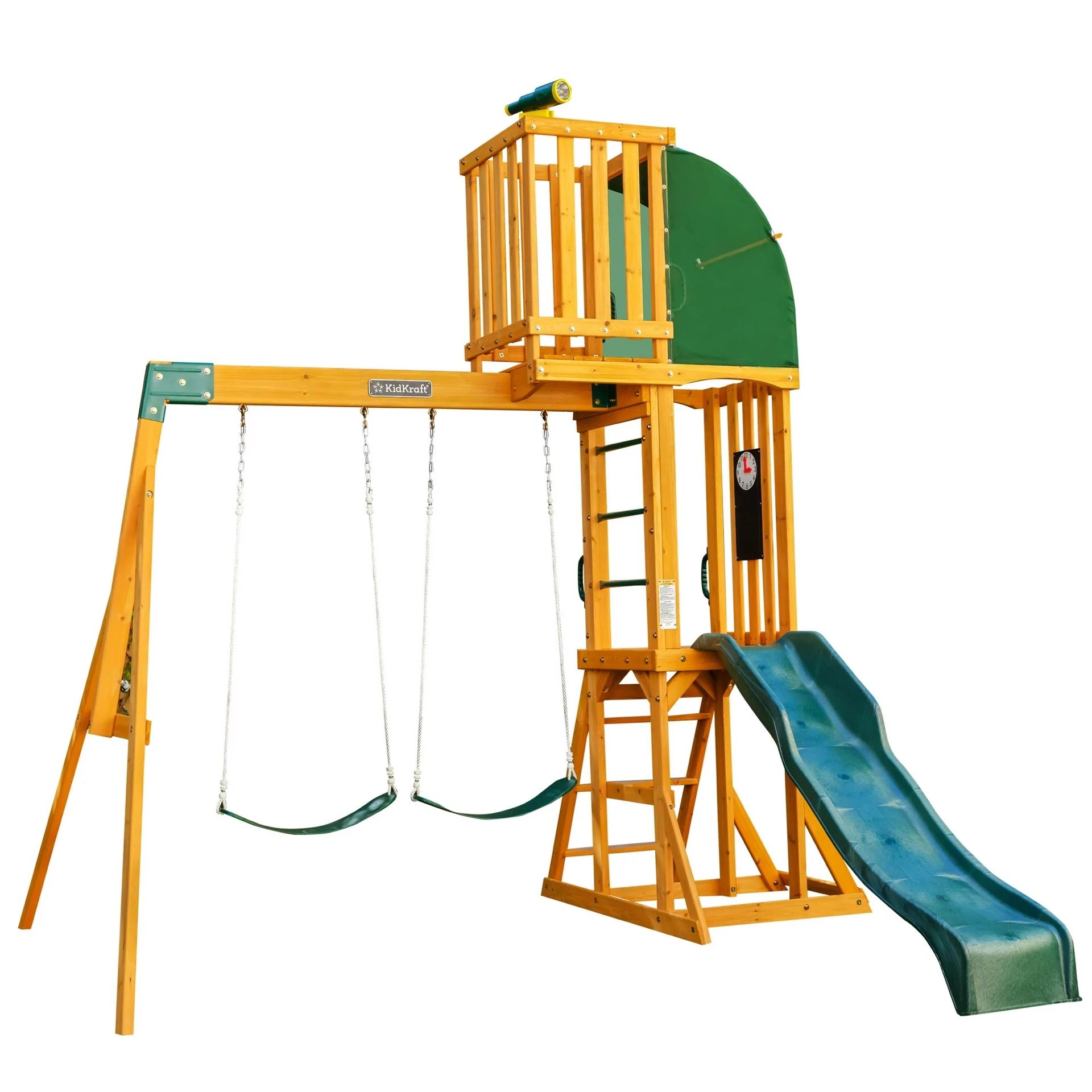 (NEW) KidKraft Hawk Tower Wooden Swing Set with Slide and 2 Belt Swings, 9.9 feet Tall