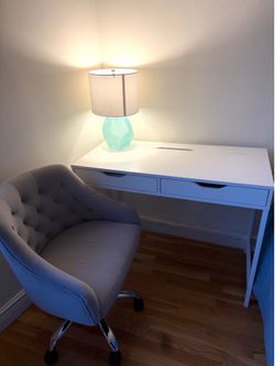 White desk and velvet office chair