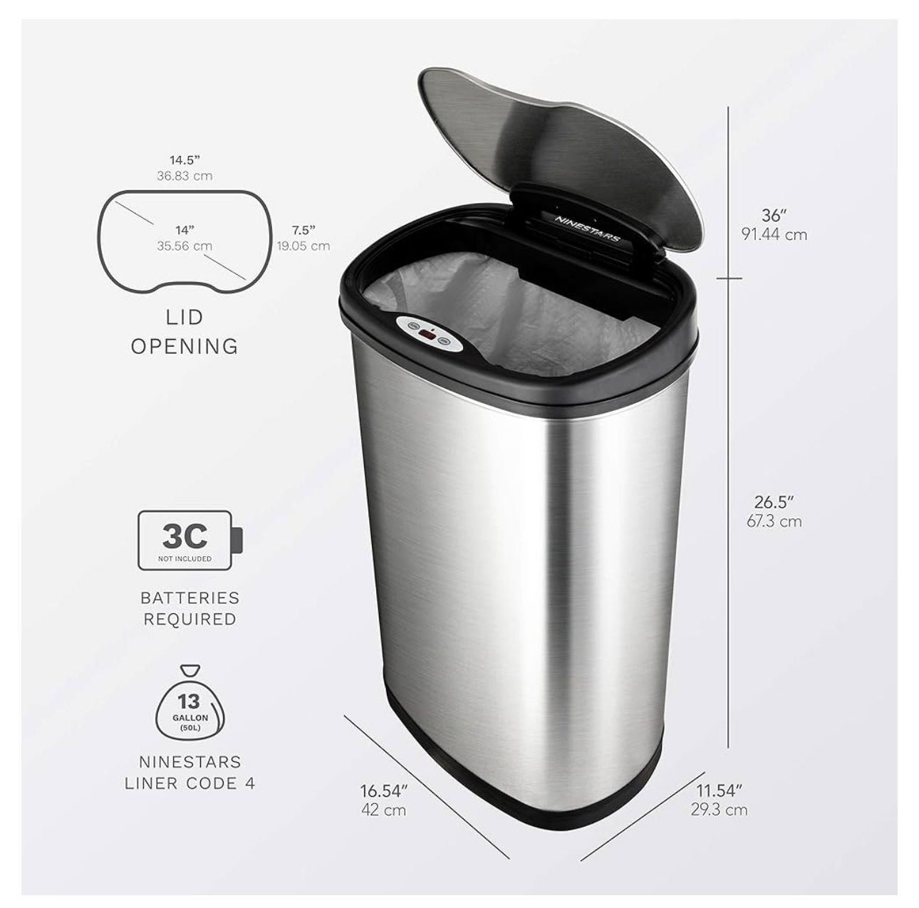 Bote de basura con sensor de movimiento, 13 galones (49 litros) acero inoxidable
