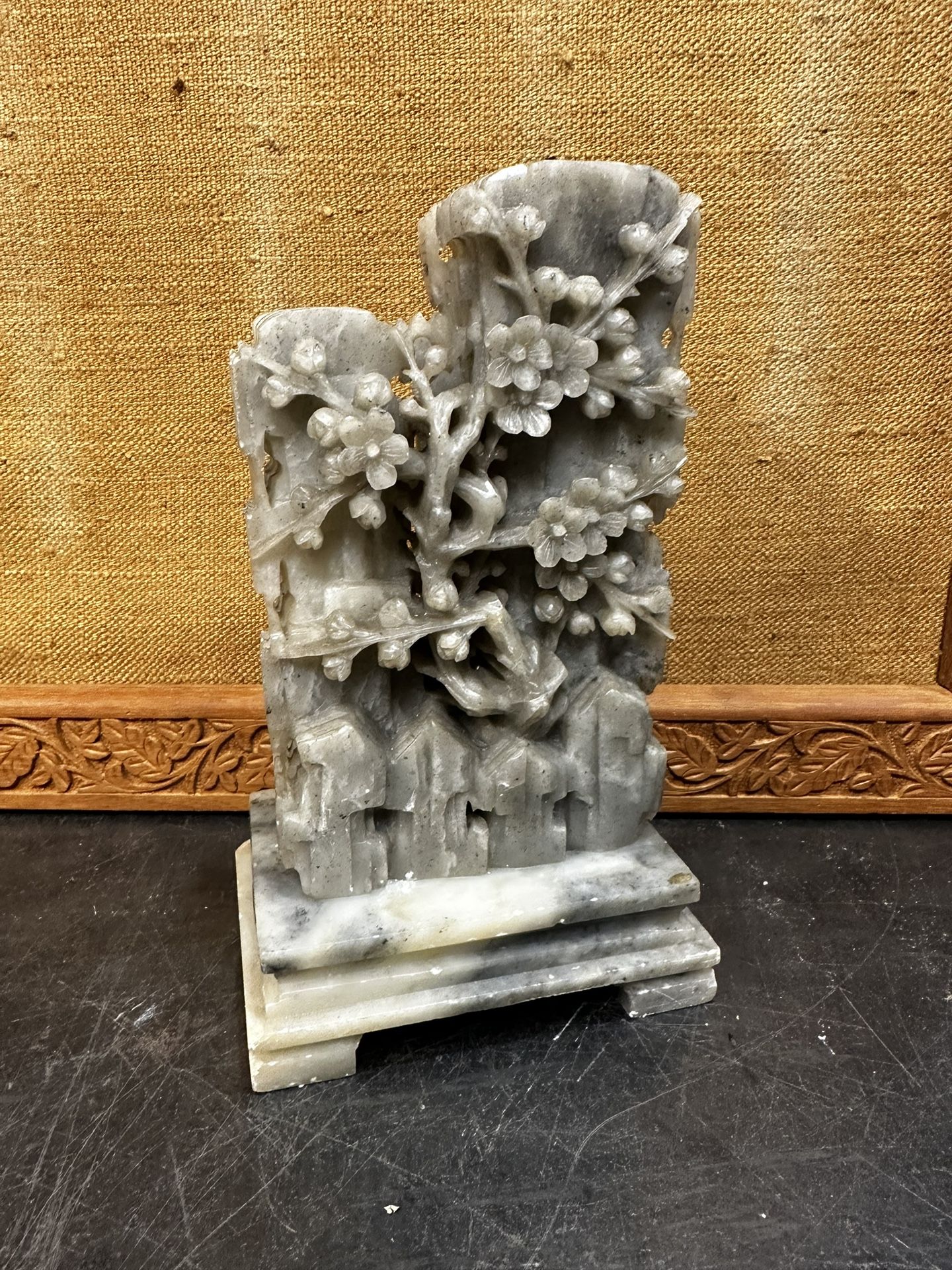 Large Chinese Soapstone Carving With Stand Depicting Flowers Candle holders