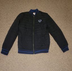 GIRLS TRUE RELIGION PUFFER COAT BLUE AND BLACK SIZE M