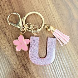 Pink Glitter Keychain Letter U