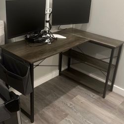 Desk With Shelves And Side Pouch  (Monitors Not Included)