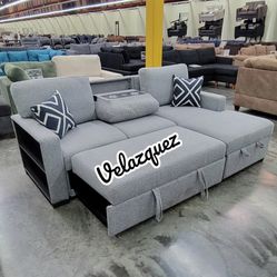 ✅️✅️2 pc Grey boucle fabric sectional sofa with pop up sleep area and storage chaise drop down tray table wireless charging✅️✅️✅️