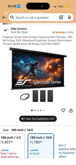Projector Screen Elite Screens Spectrum RC1 Remote, 180in Diag 16:9 Motorized Projection Screen