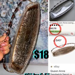 $18 Beautiful Vintage Queen Anne footed silver platters/Tray with swing handle 16” great condition