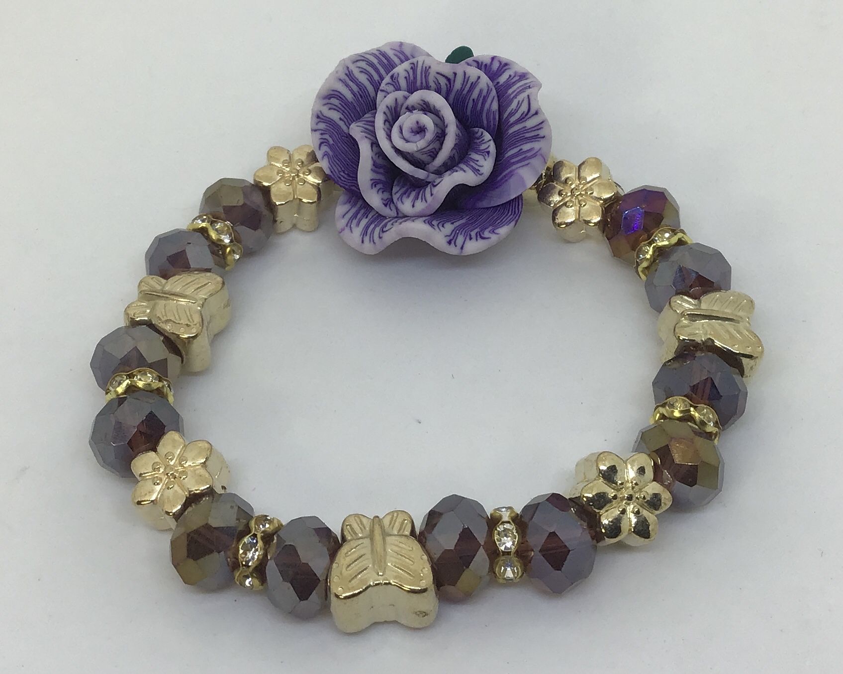 Brown Beads Purple Flowers Gold Butterflies Bracelet