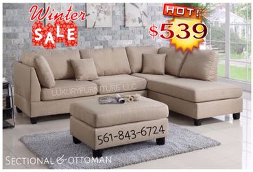 New beige linen sofa sectional with ottoman