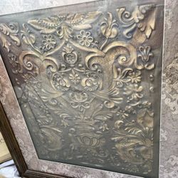 Wood Glass Framed Copper or Brass Repousse Impressed Relief of an Exotic Flowers Asian Middle Eastern Bohemian Decor