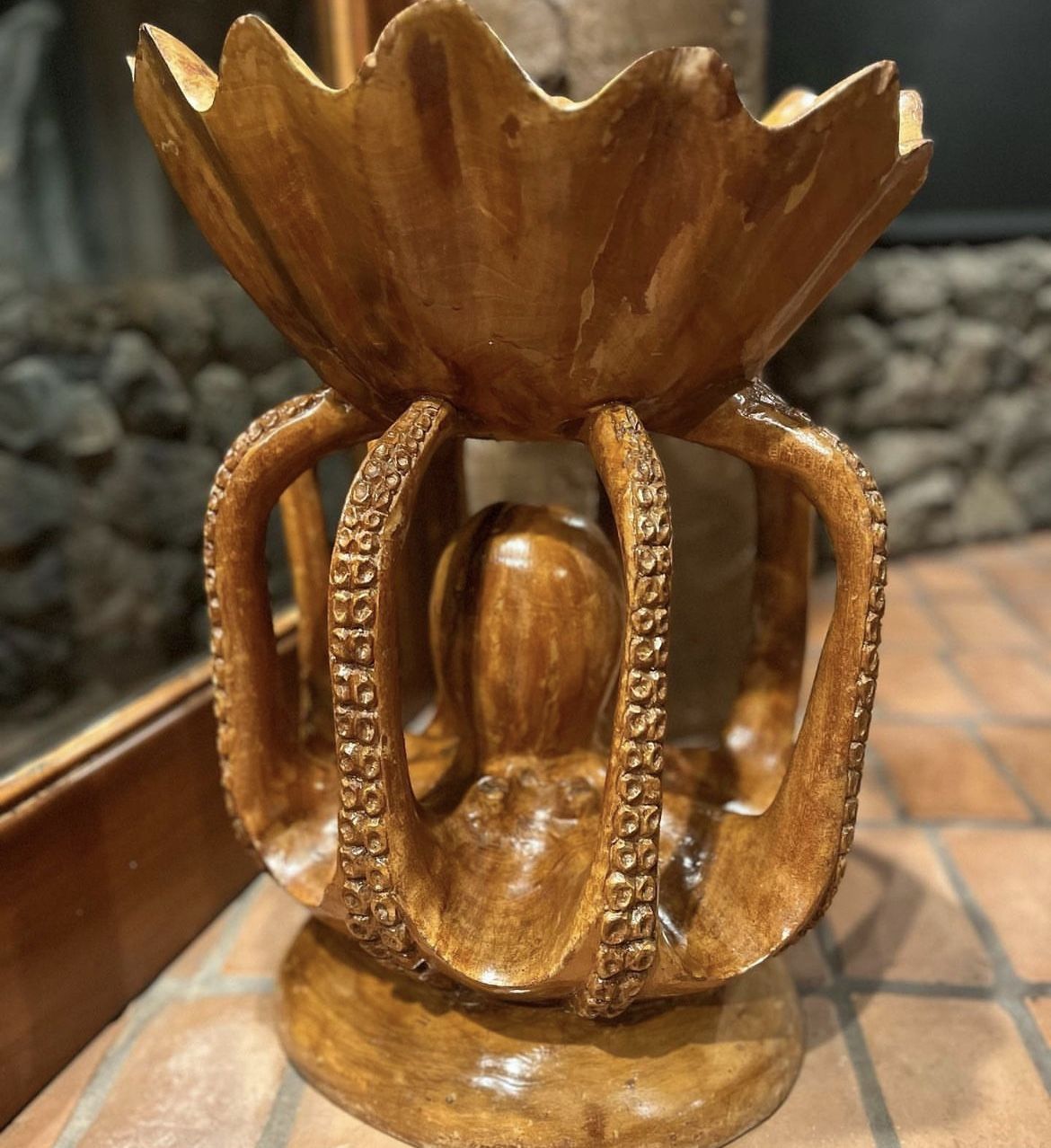 Vintage Hand Carved Koa Wood Octopus Holding Bowl Side Table/Catch all/Decor One Of A Kind