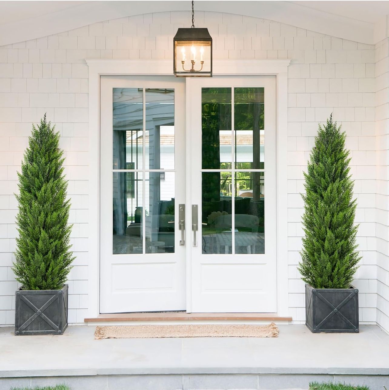 Set of 2 Briful Artificial Cedar Topiary Trees Outdoor Indoor 5ft Faux Shrubs Cypress Tree UV Resistant Potted Floor Plant Fake Evergreen Plants for H