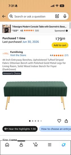 Furniliving 44” Upholstered Tufted Striped Fabric Ottoman Bench