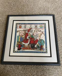 Christmas hand stitch-plexiglass framed “Santa claus is coming to town RARE GORGEOUS professionally