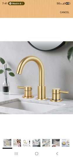 New Bathroom Faucet 3 Hole, Brushed Gold Bathroom Sink Faucet with Pop Up Drain, 8 inch Widespread Bathroom Faucet with 360° Swivel Spout, 2 Handle Va