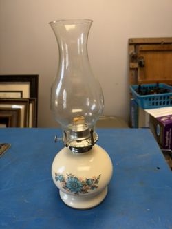 Vintage Cream Ceramic Oil Lamp with Blue Floral Design & Glass Chimney