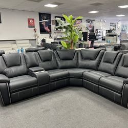 Black Leather Sofa Sectional w/ 3x Recliners 
