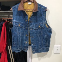 70’s Vintage Jean Vest With Leather Collar Small-medium 