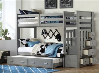 Brand New Grey Twin Size Bunk Bed w Staircase + Trundle Bed