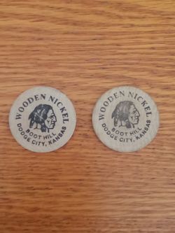Vintage American Indian Head Wooden Nickel, Boot Hill, Dodge City, Kansas, Set of 2