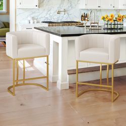 Beige Fabric Barstool Set Of 2 