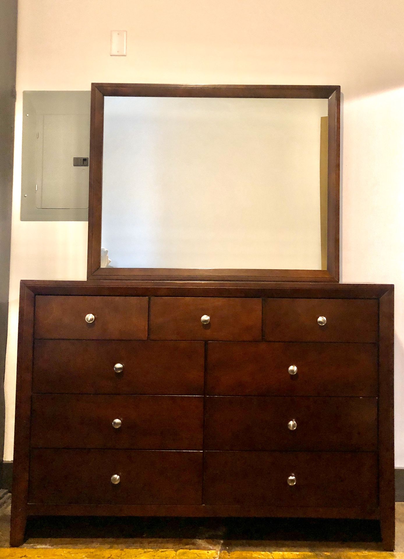 Solid wood bedroom set (dresser with mirror, queen bed frame, 1 nightstand)