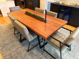 Create & Barrel  Wood Dining Table and Leather Dining Chairs