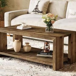 47 in. Brown Rectangle Solid Wood Coffee Table, Farmhouse 2-Tier Accent Center Tea Cocktail Table for Living Room