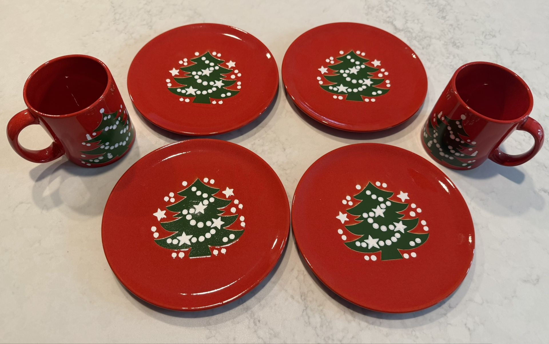 Vintage Warchterbach Christmas Tree Set of 4 Dessert Salad Plates + 2 Matching Mugs