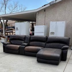 Real Leather Electric Reclining Couch Brown 