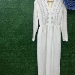 Vintage White Silver Beaded V Neck Long Gown With Long Sleeves Fits Like A Small 