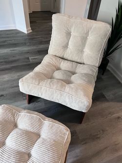 Cream Tufted Corduroy Accent Chair with Wood Base