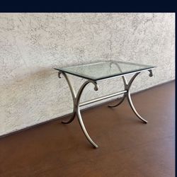One Heavy Metal Accent Table With Thick Beveled Glass Top