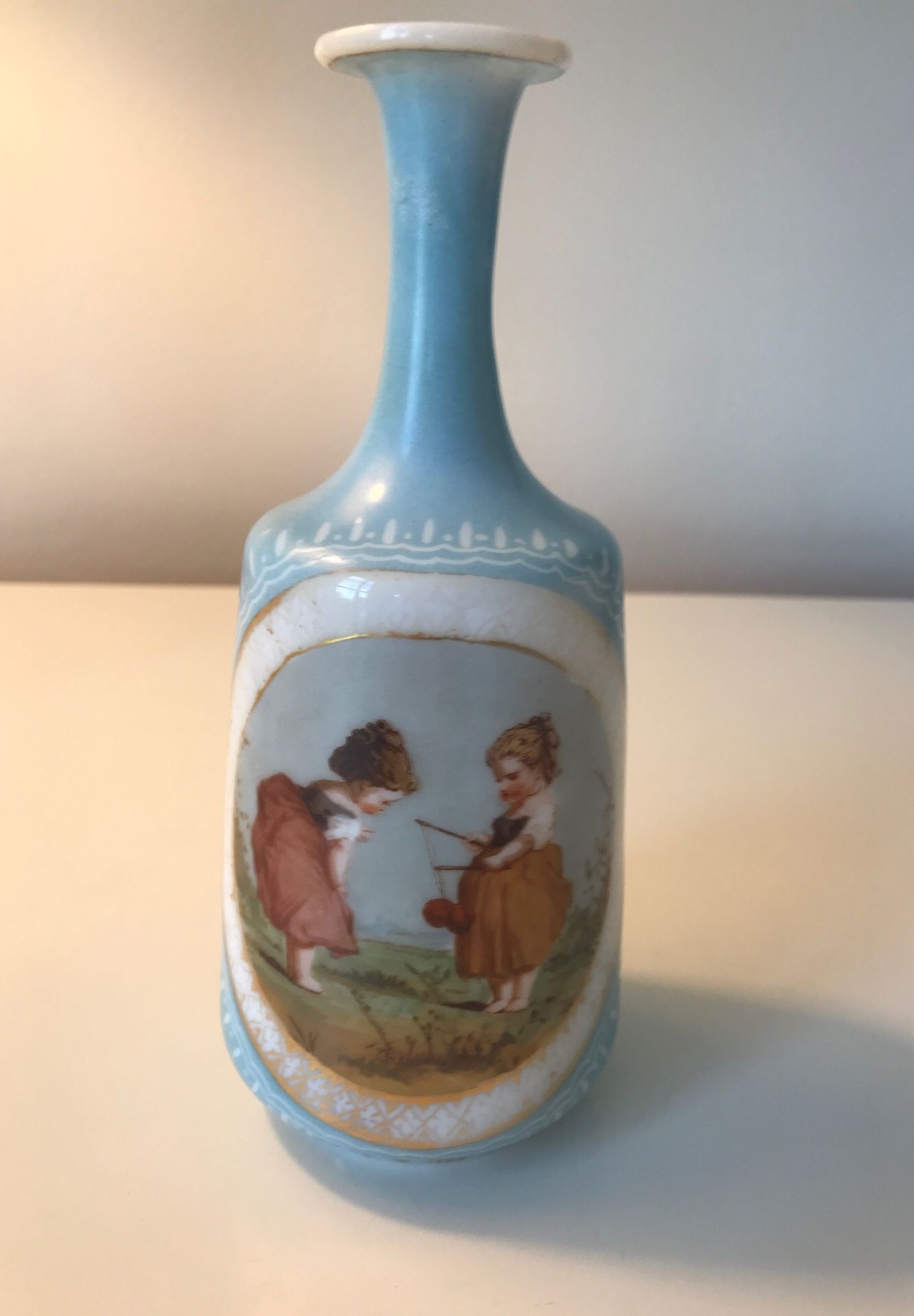 Antique Porcelain Single Stem Bud Vase 7”H x 3.5”W Baby Blue White with gold Trim. Hand Painted Vintage 19th Century!