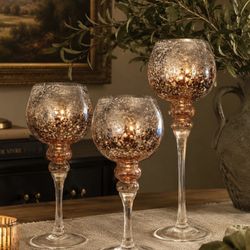 Set Of 3 Mercury Glass Candle Holders -  Rose Gold/Silver