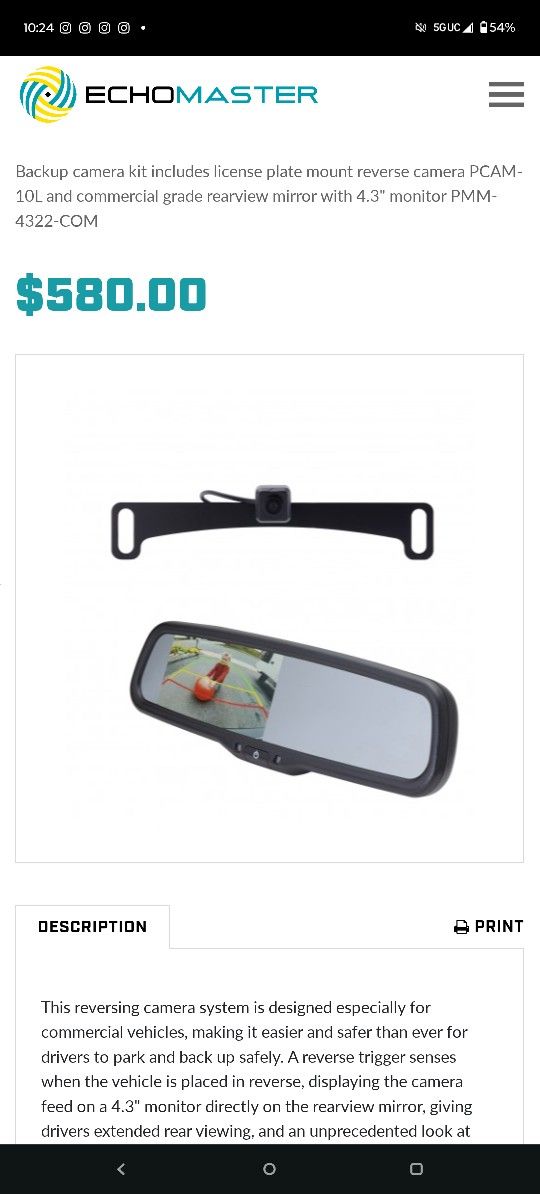 Echo Master Review Camera With Screen Display In Mirror