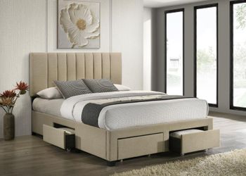 Frame Queen Platform  bed w underbed drawers, Light Brown fabric. New Especial price 