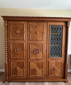 Solid Wood Armoire with Leaded Glass Panel - Classic Vintage Style