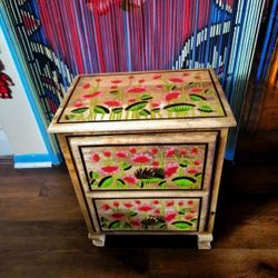 Mid Century Modern Boho Wood Accent Table Nightstand Handpainted Two Drawers  Lotus Design 22"×11"×18"