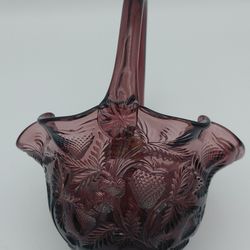 Beautiful Vintage Amethyst Fenton Glass Basket With Inverted Strawberries 