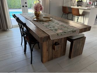West Elm Dining Table Emerson Reclaimed Wood with bench and chairs